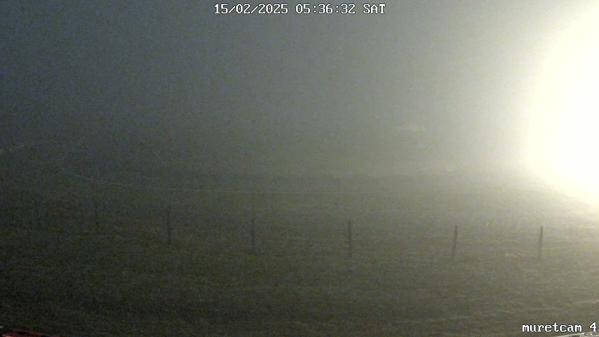 A foggy, dimly lit outdoor scene shows a low fence line extending across the frame.