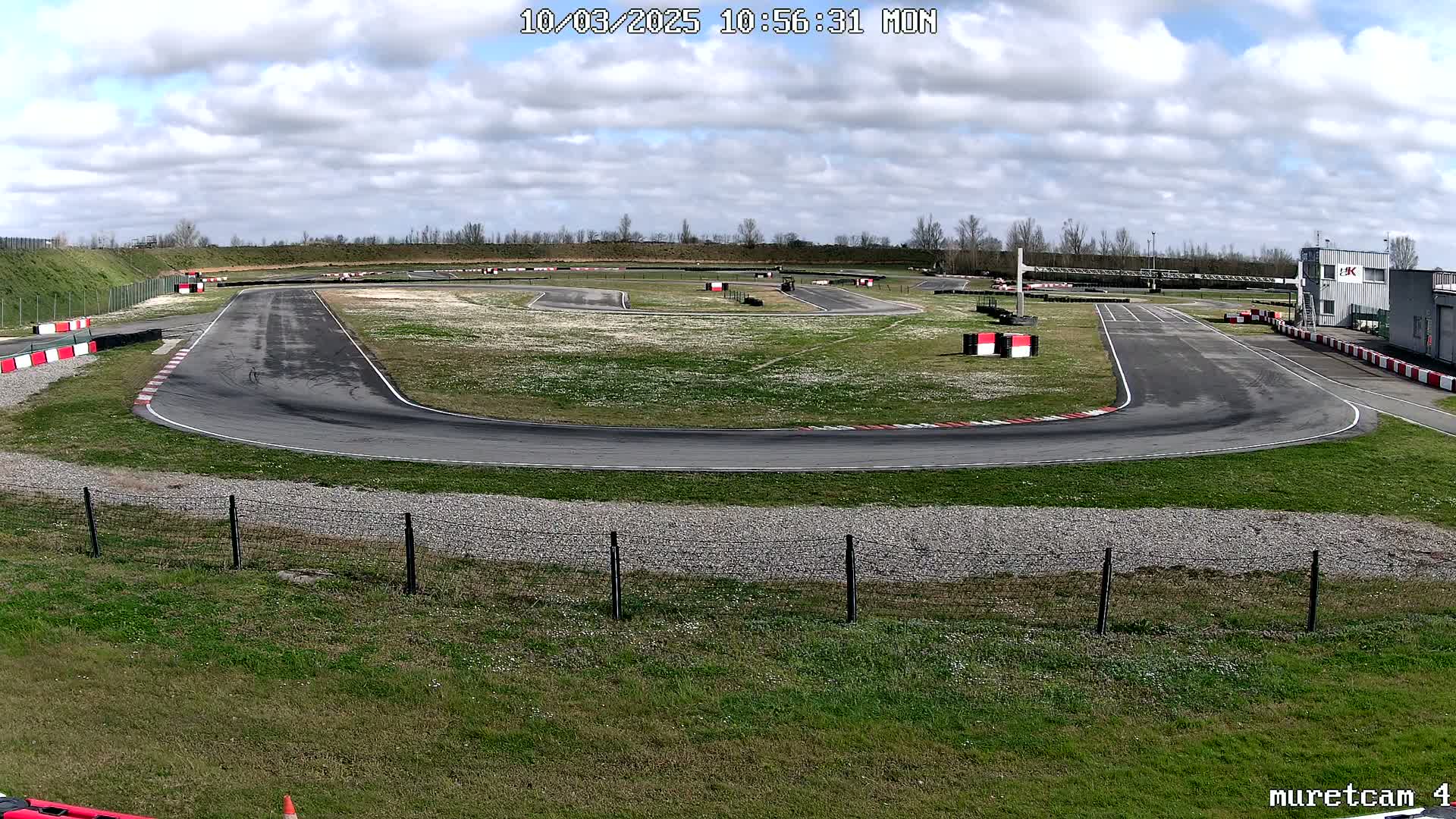 An outdoor go-kart track with a partly cloudy sky is visible from a slightly elevated vantage point.