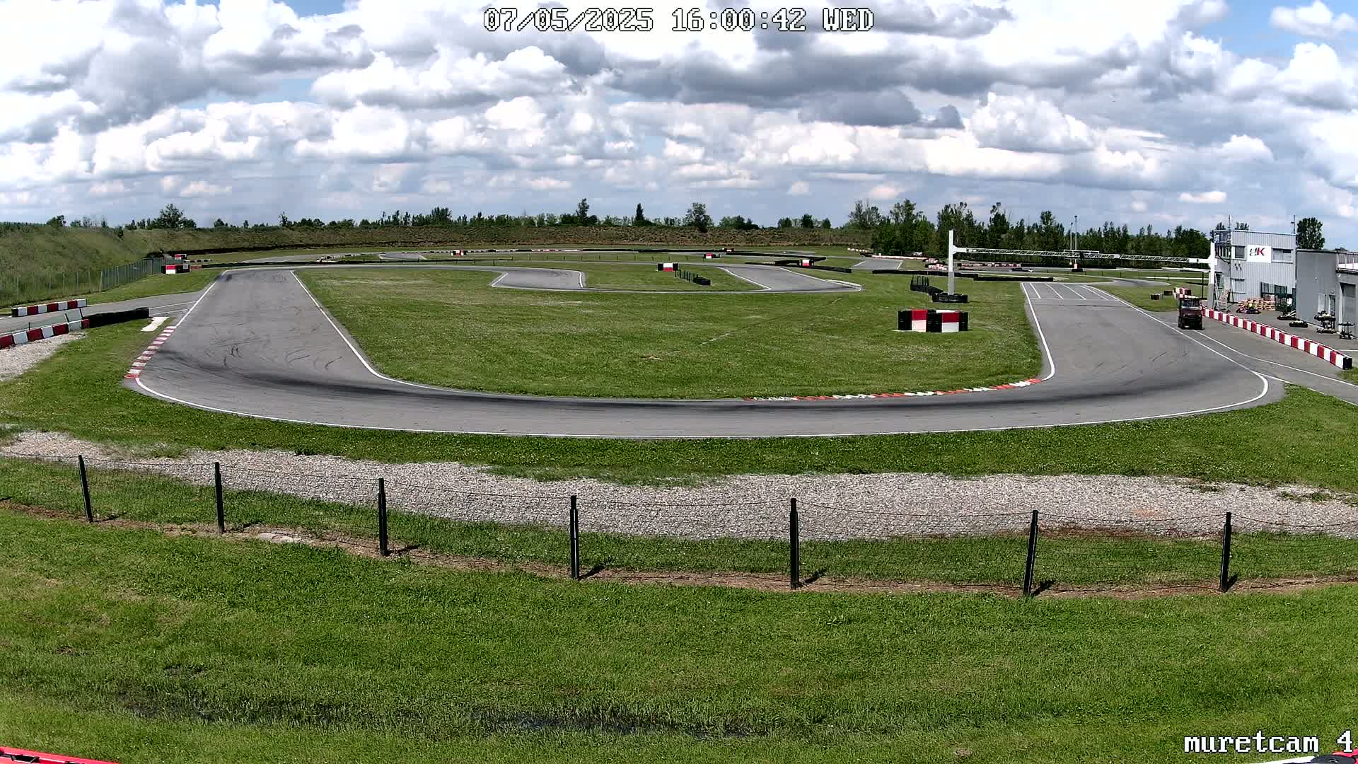 An outdoor go-kart track with a partly cloudy sky is surrounded by green grass and a small building is visible in the background.