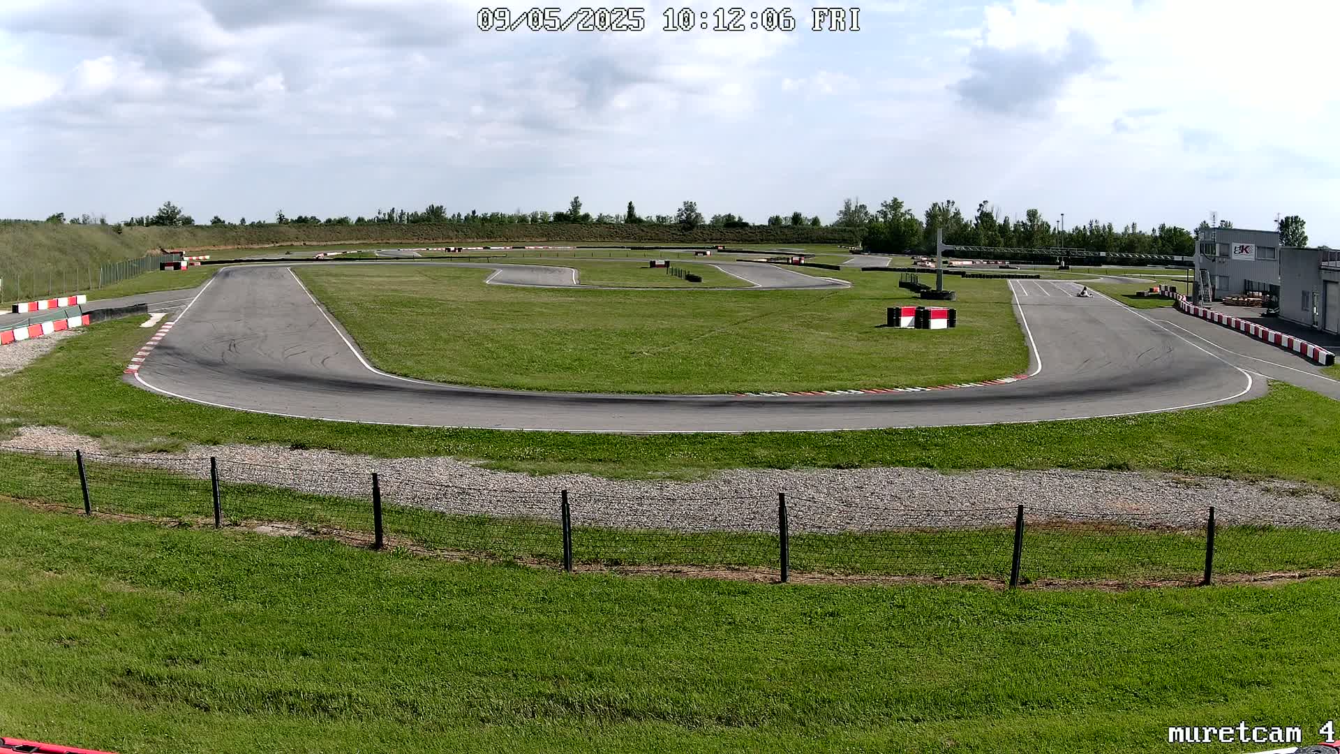 A go-kart track with a single go-kart on the course, surrounded by green grass under a partly cloudy sky.
