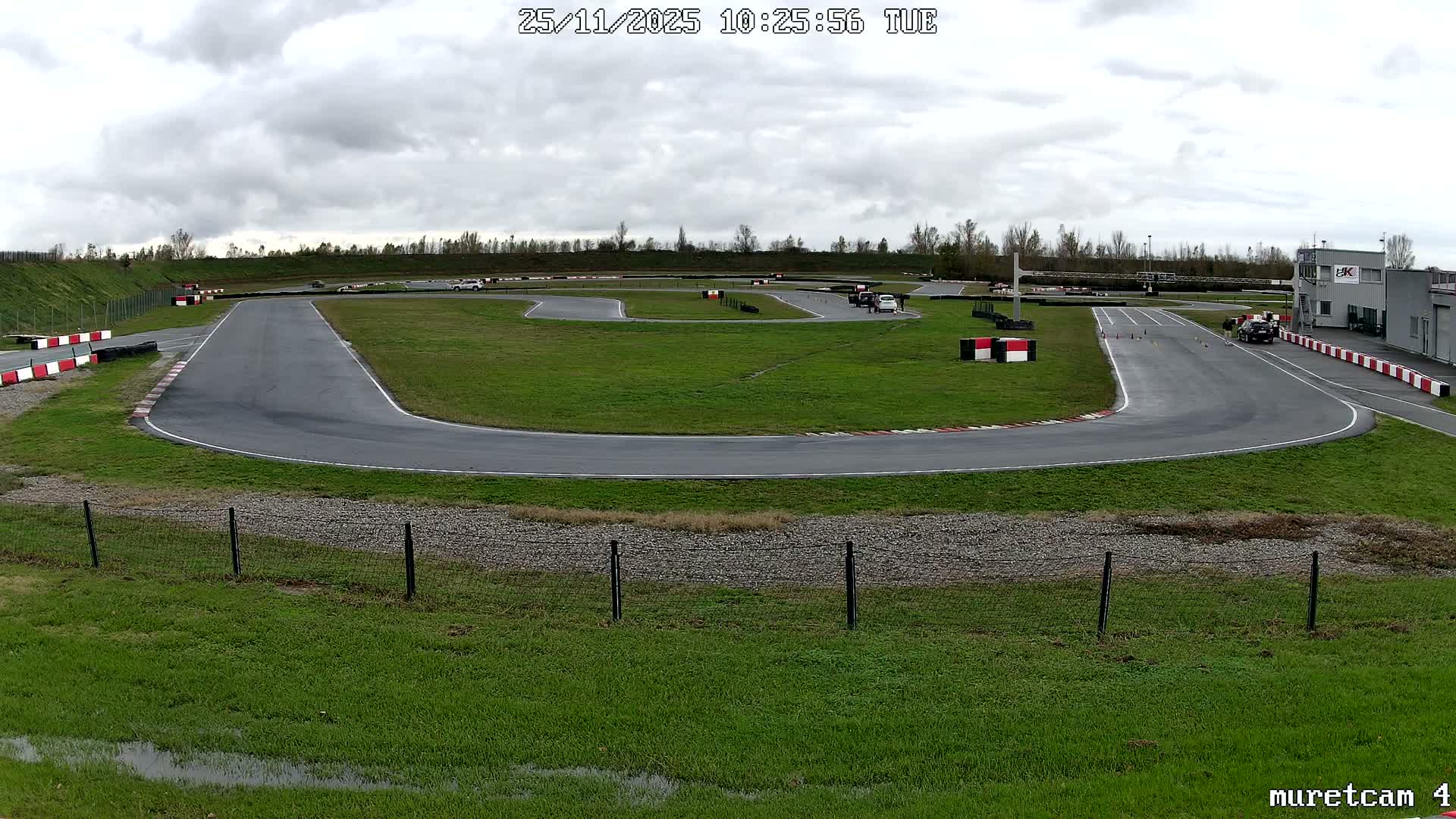 A go-kart track with several cars and a building is visible under a grey, overcast sky, showing damp ground and some puddles.