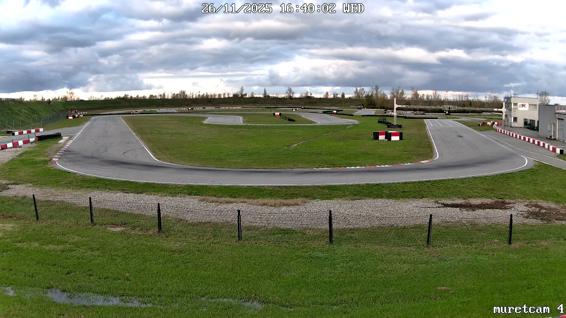 A go-kart track with several cars and a building is visible under a grey, overcast sky, showing damp ground and some puddles.