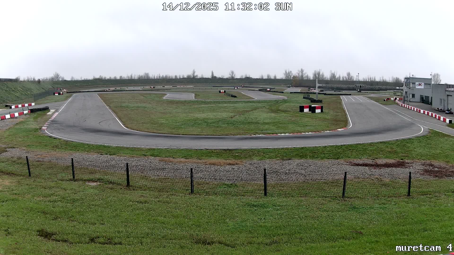 A go-kart track with several cars and a building is visible under a grey, overcast sky, showing damp ground and some puddles.