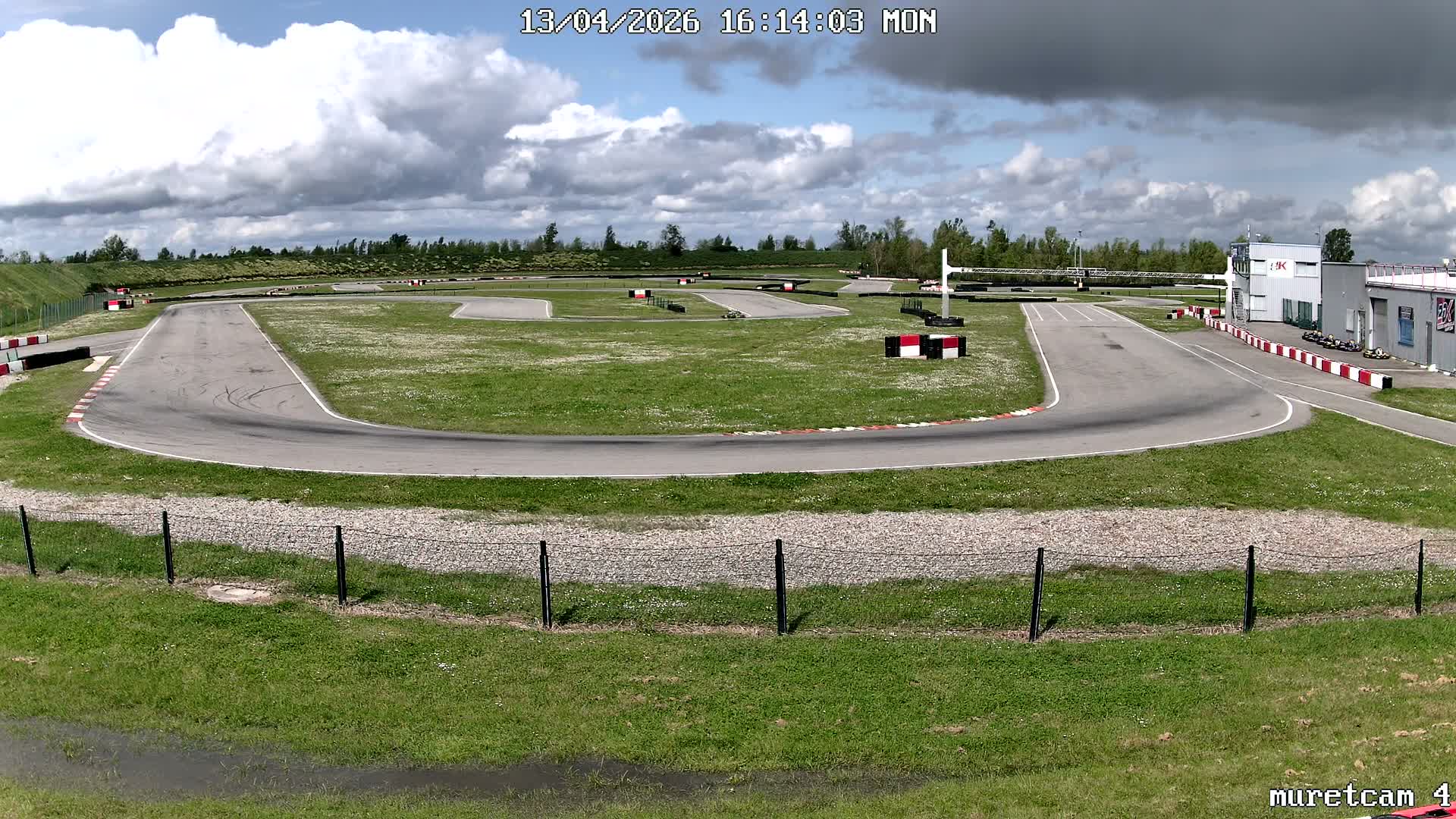 A go-kart track with several cars and a building is visible under a grey, overcast sky, showing damp ground and some puddles.