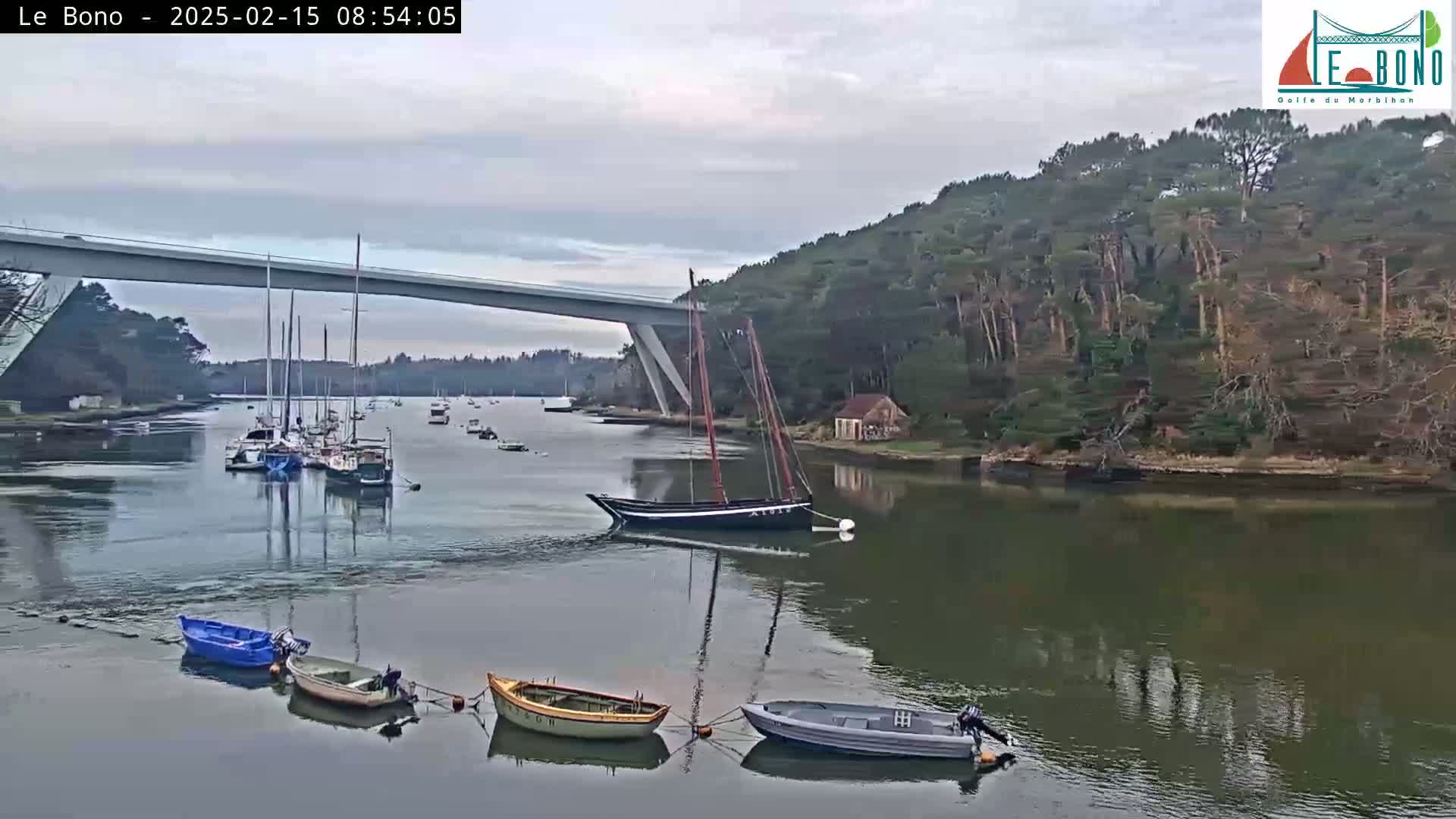 Several sailboats and small motorboats are moored in a calm waterway under an overcast sky, with a modern bridge spanning the river and wooded banks in the background.