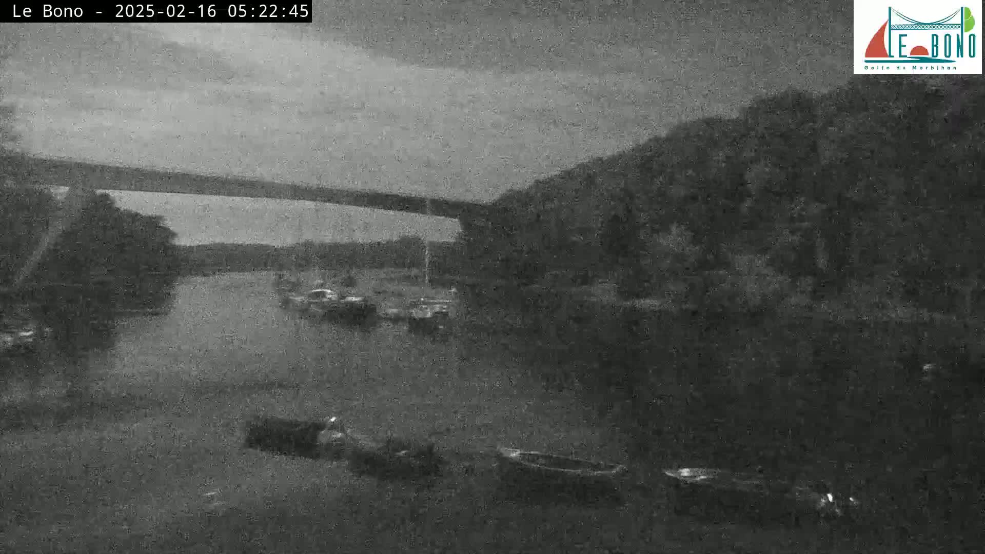 A nighttime, overcast view of a calm body of water with several boats moored near the shore, under a bridge.