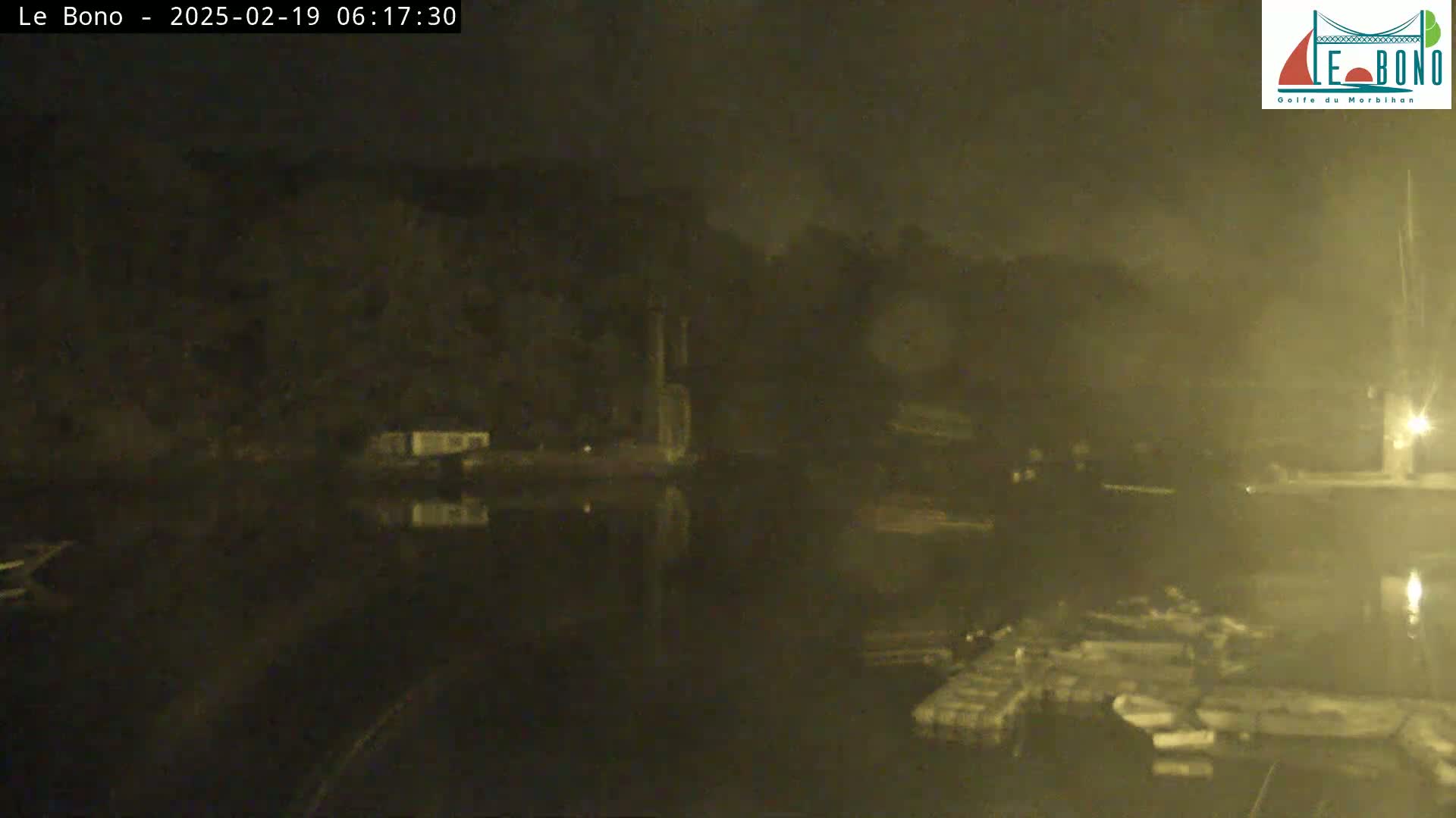 A nighttime, foggy view of a calm body of water with docked boats and a dark shoreline.