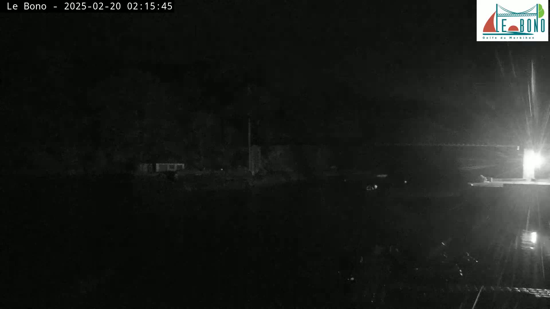 A nighttime, low-light view of a dark, sparsely populated area with some indistinct structures and possibly light rain or snow.