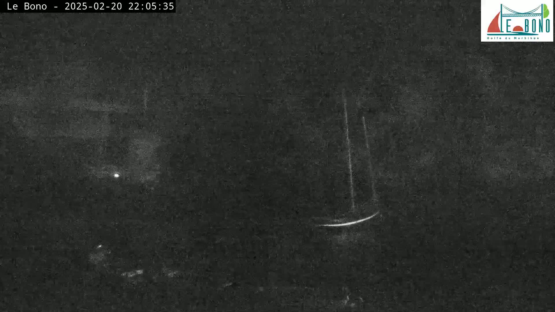 A nighttime, low-light image shows a dark, possibly outdoor, scene with a few faint lights visible in the distance and a blurry, light-colored object in the center.