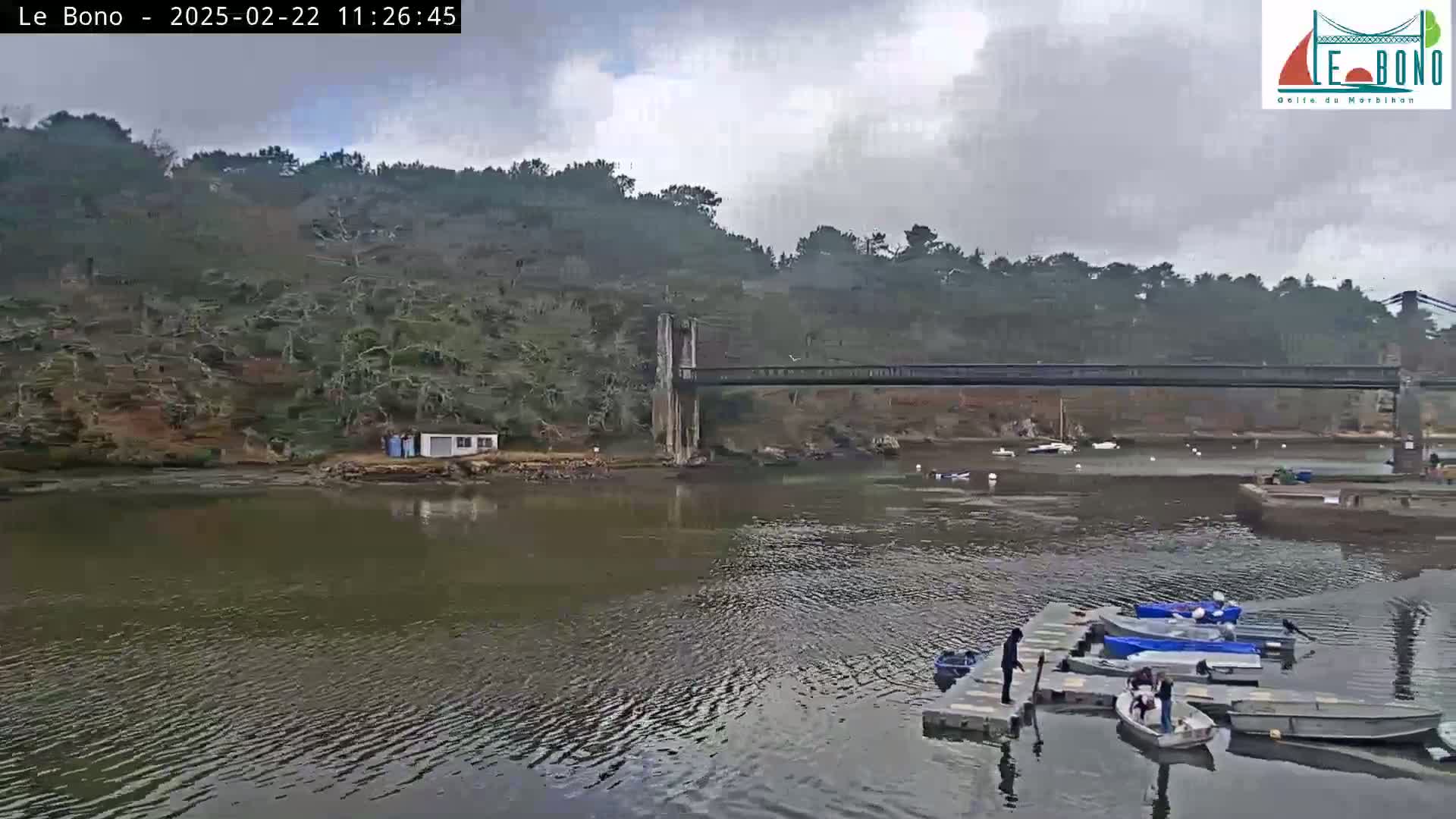 A suspension bridge spans a calm river under an overcast sky, with several small boats moored at a dock near a wooded hillside.