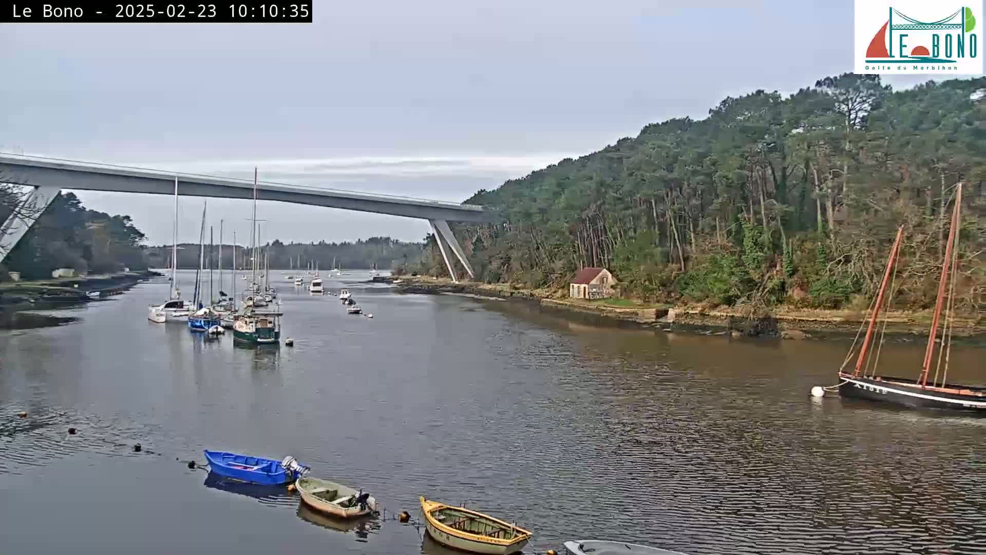 A calm waterway, under an overcast sky, shows several sailboats and small motorboats moored near a bridge spanning a wooded shoreline.