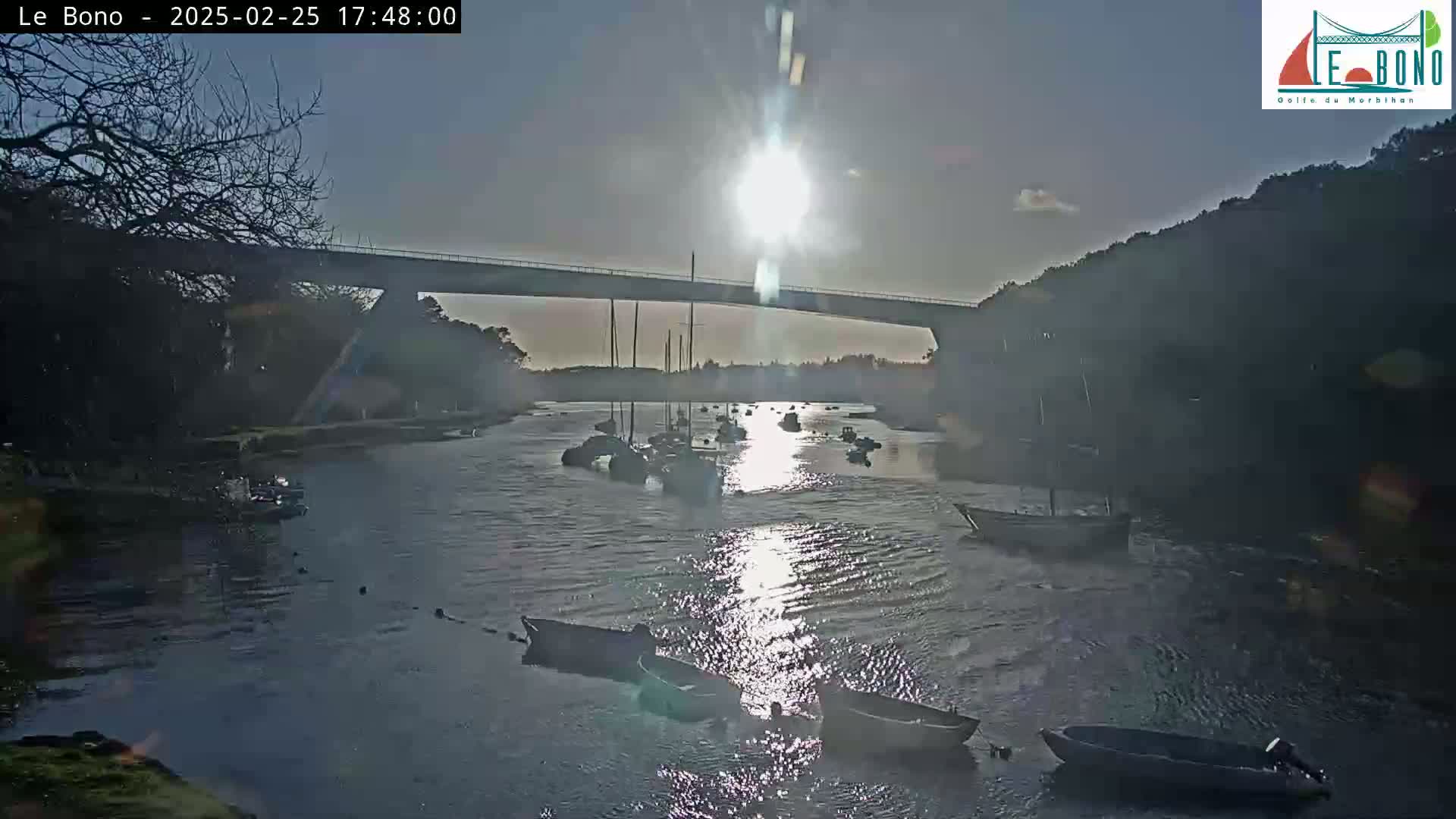 A calm river with numerous small boats is seen beneath a bridge, all bathed in the bright sunlight of a clear day.