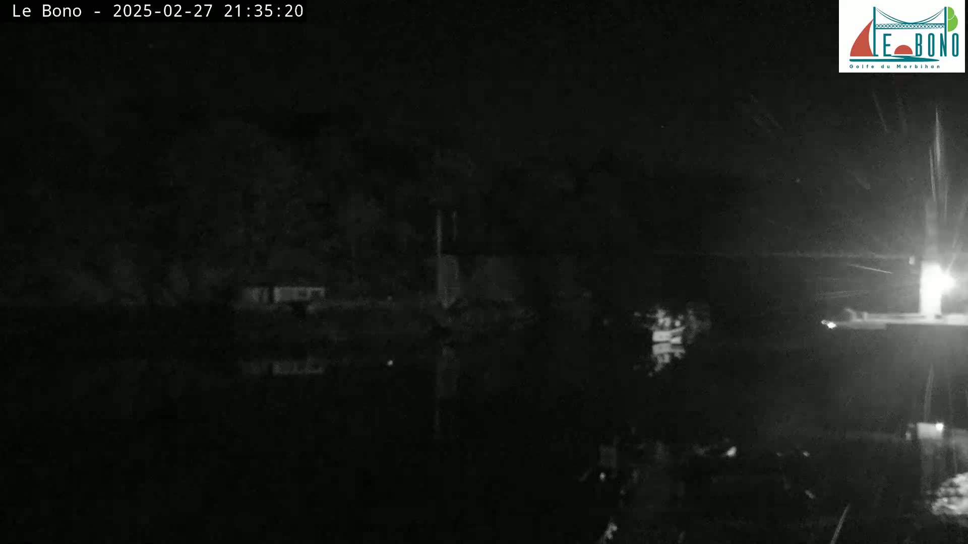 A nighttime, low-light view of a dark body of water, possibly a river or lake, with some vegetation and structures barely visible in the background under snowy conditions.