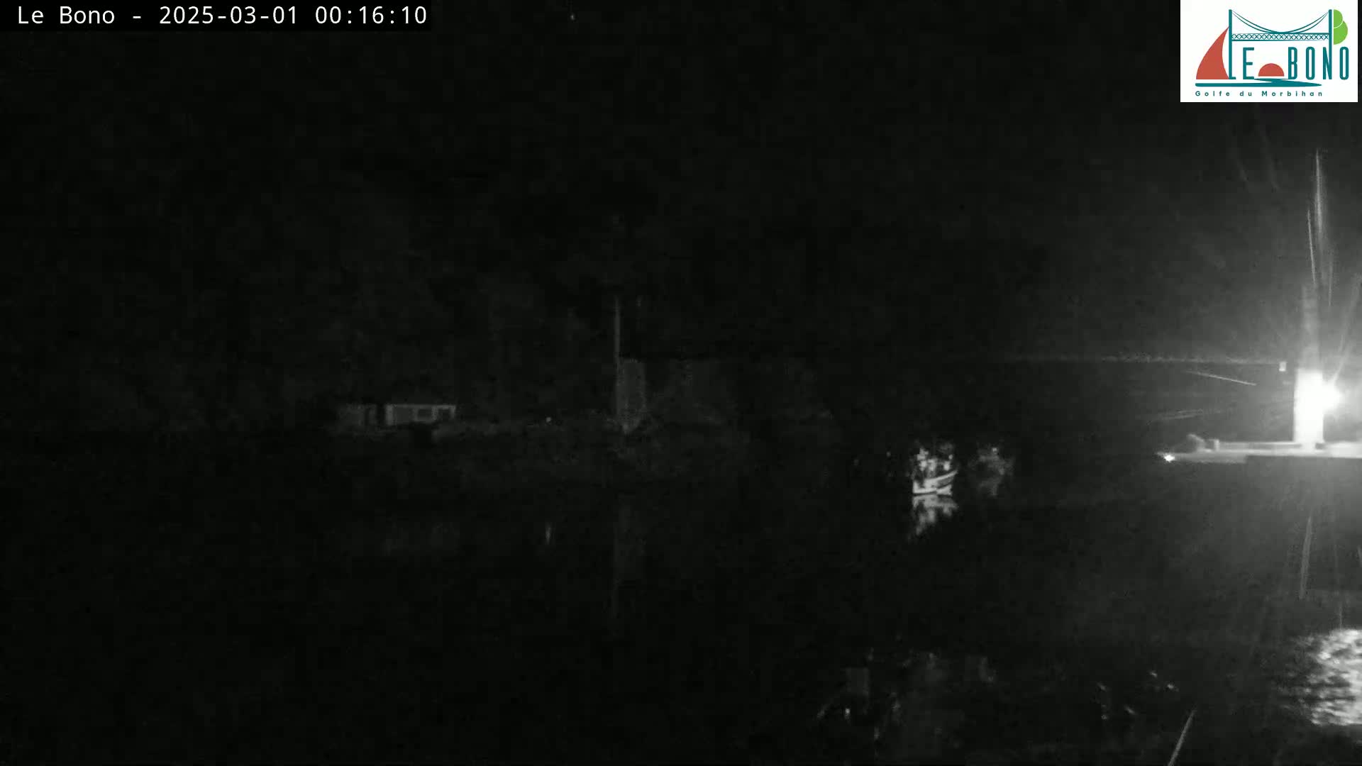 A nighttime, rainy scene shows a dark body of water reflecting a dimly lit shoreline with some structures.