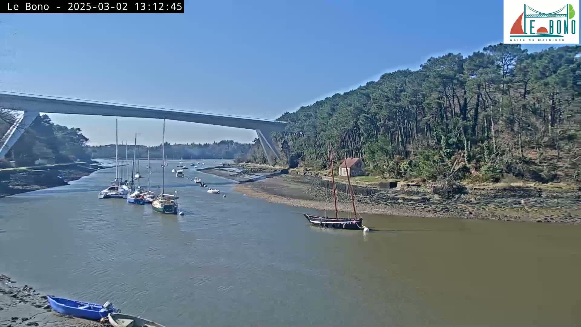 Under a clear blue sky, a river flows under a long bridge, past several sailboats moored on a partly exposed muddy riverbank, and lined with dark green trees.