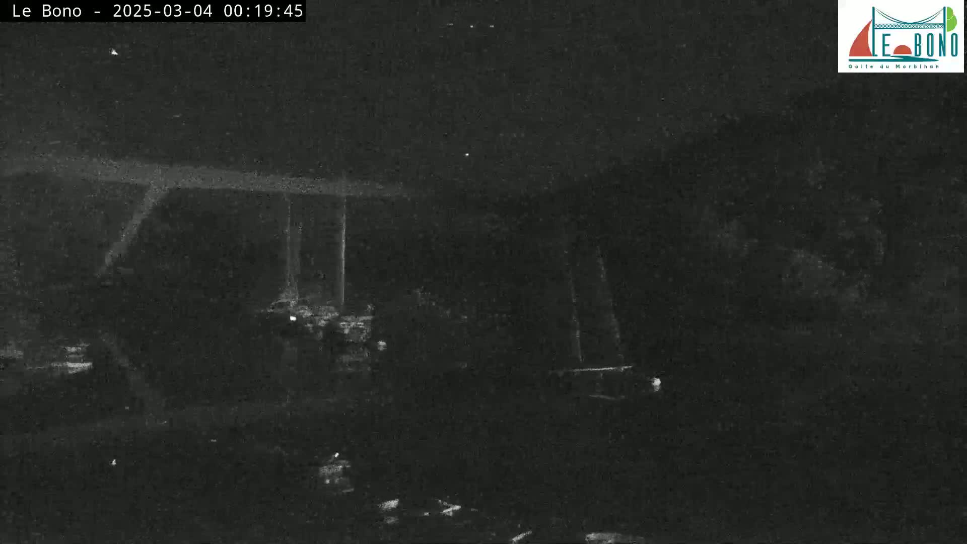 A low-light, nighttime image shows a dark, indistinct scene with several faint, lighter shapes suggesting objects or structures in the distance.