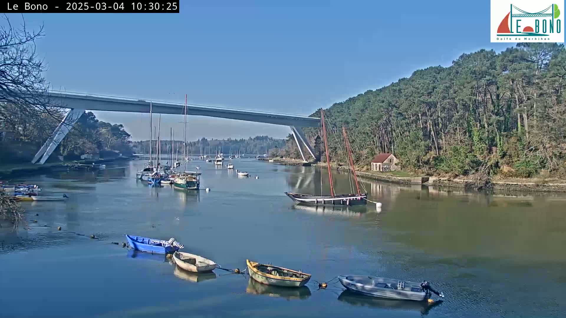 A calm waterway under a clear blue sky shows several sailboats and small motorboats moored near a bridge, with a wooded shoreline on the right.