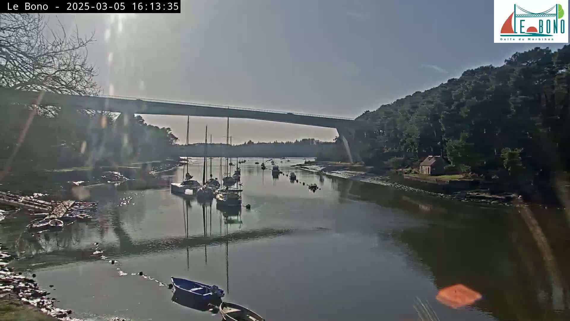 A calm river with several sailboats and small motorboats is seen under a long bridge on a partly sunny day.