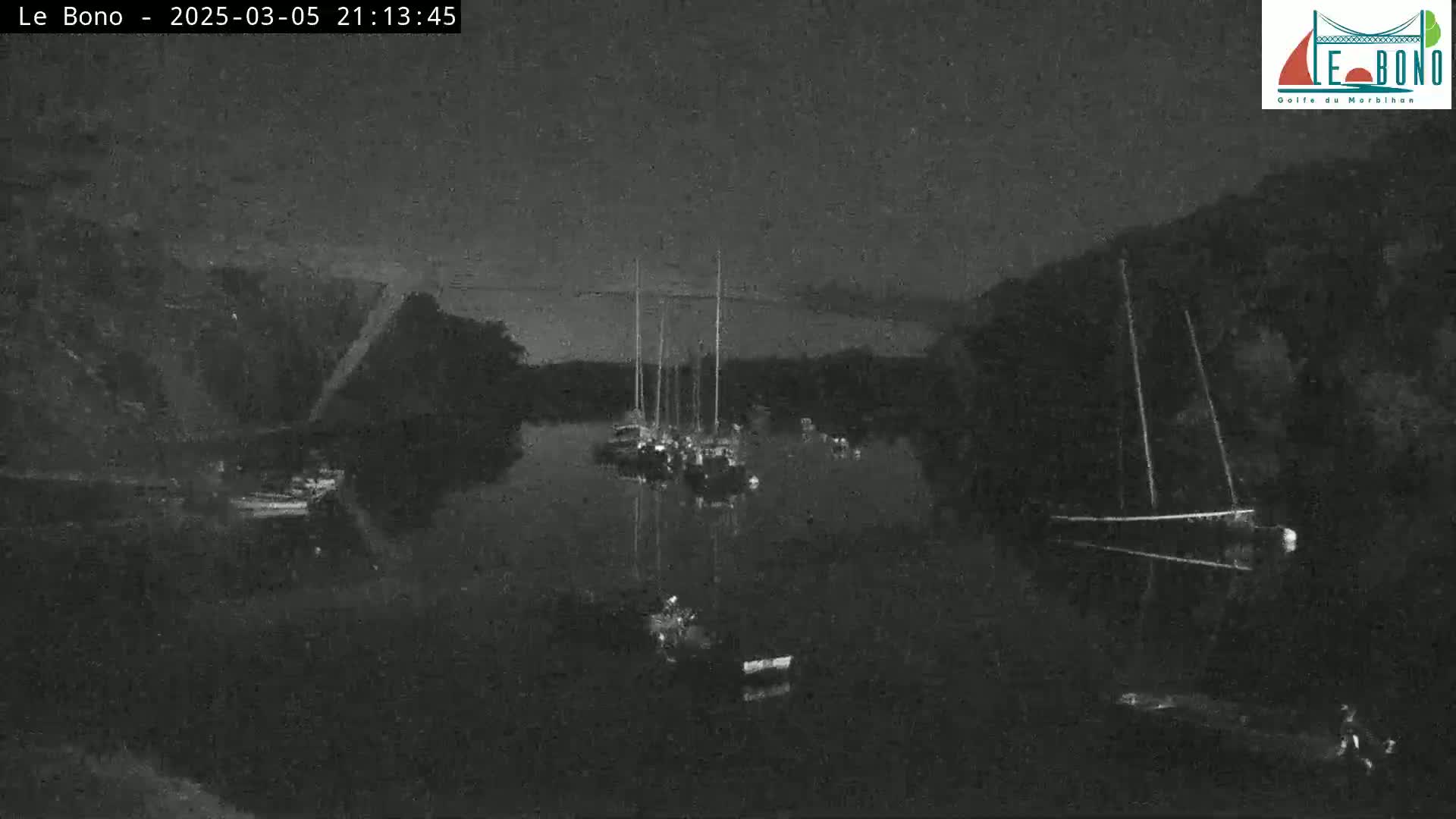 At night, several sailboats are moored in a dark body of water, surrounded by dark landmasses under a mostly clear sky.