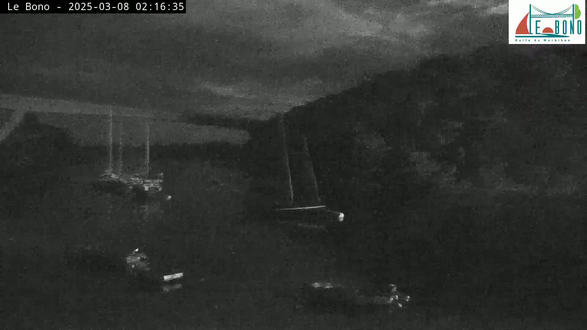 A nighttime, low-light view shows several small, indistinct objects in a dark body of water under an overcast sky.