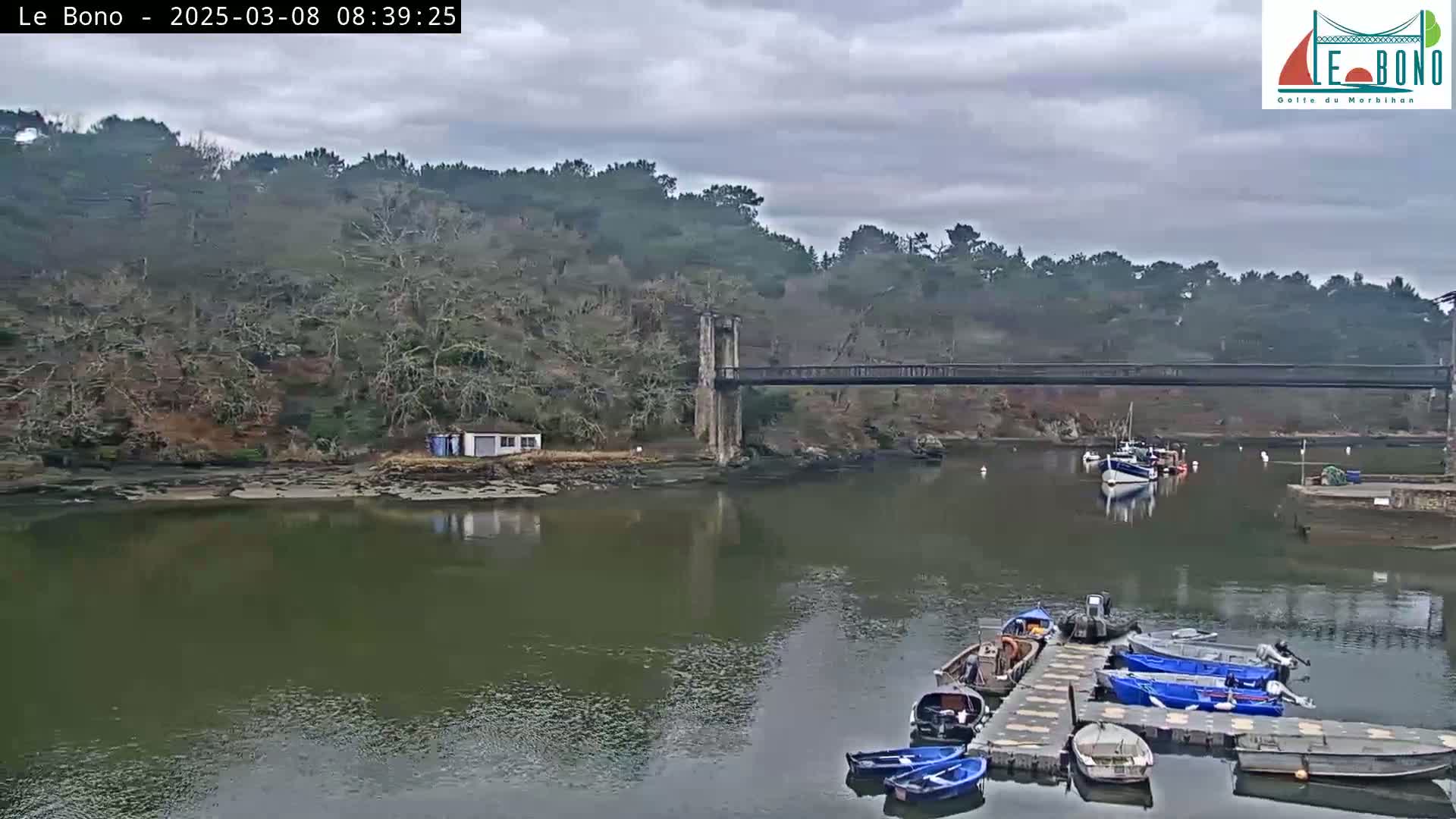 A calm river flows under a suspension bridge, with several small boats moored at a dock on the right, and a cloudy sky overhead.