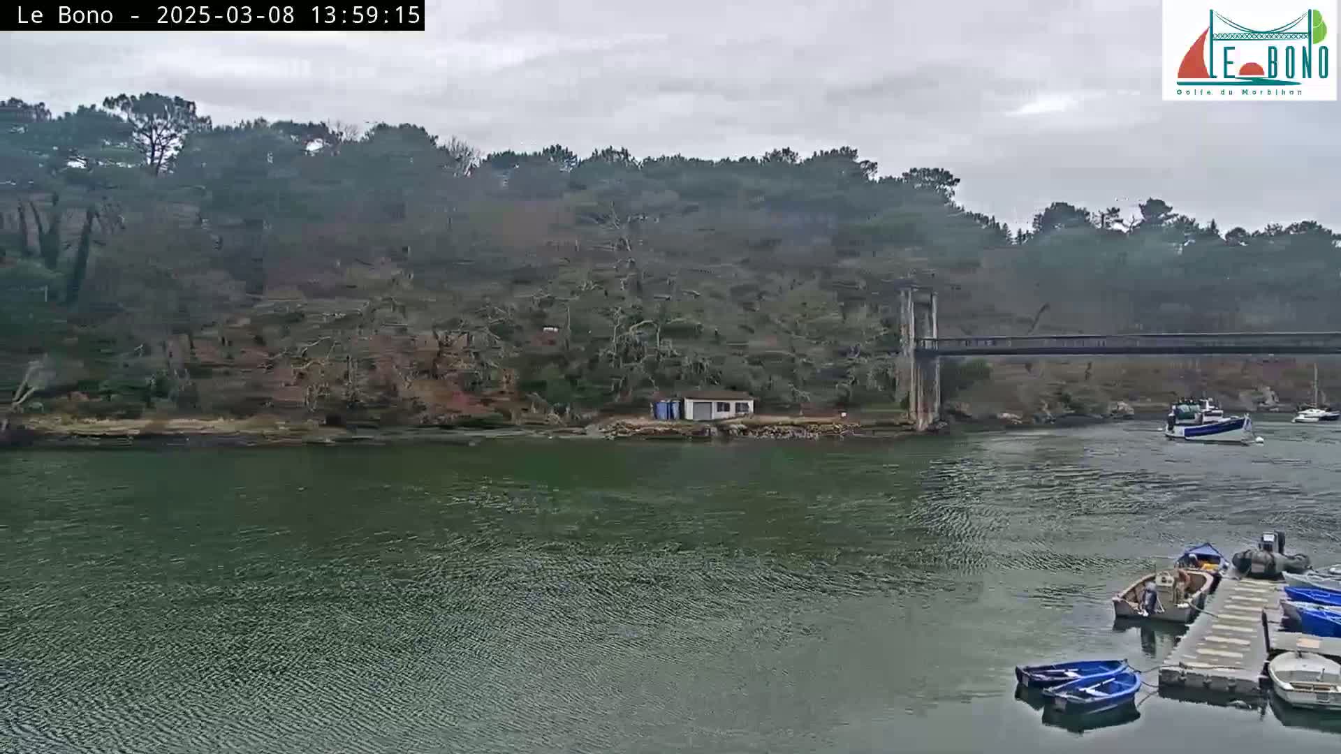 A suspension bridge spans a calm, dark-green river under an overcast sky, with several small boats moored at a dock and a few more sailing on the water, near a wooded shoreline.