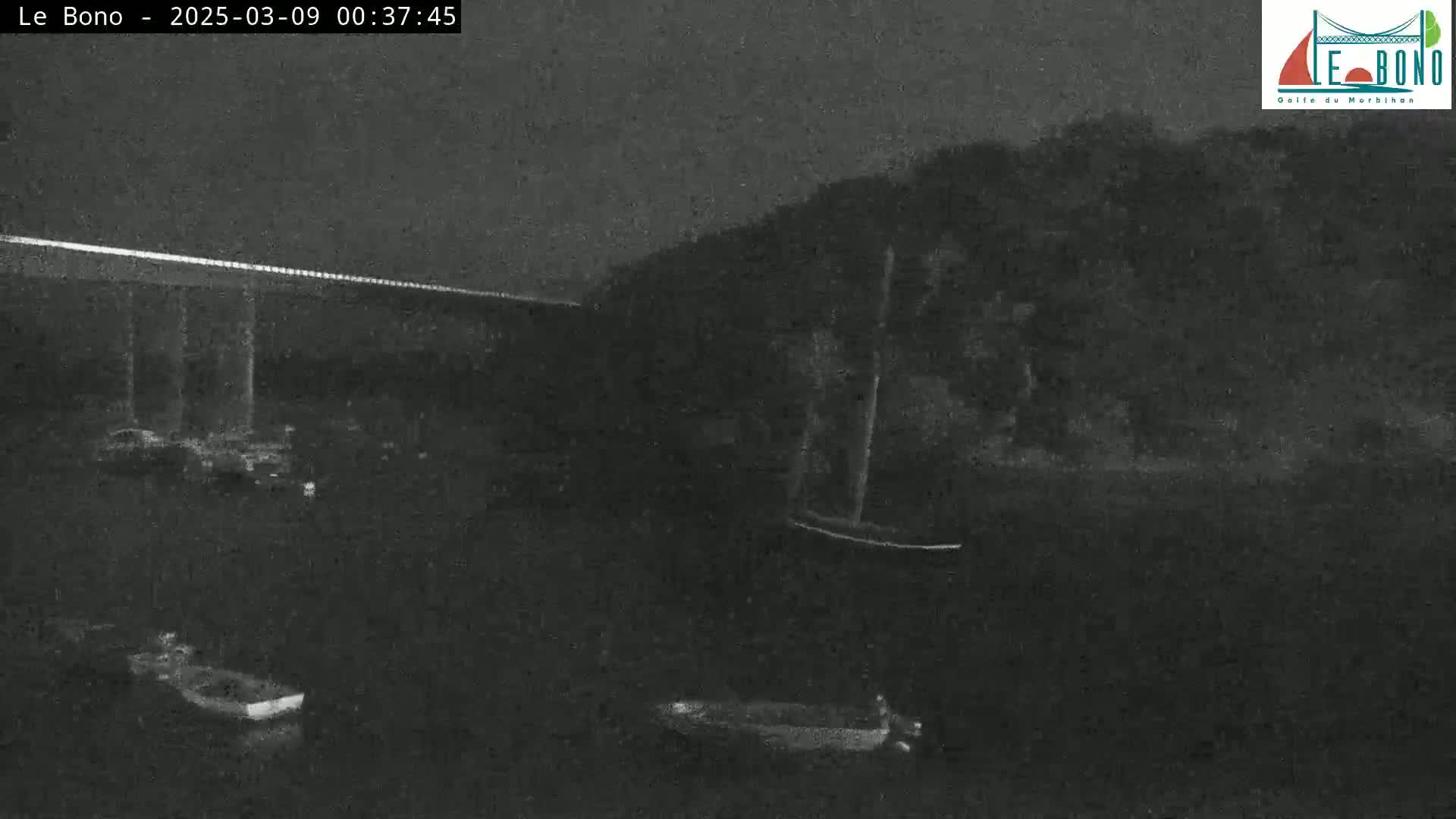 A nighttime, low-light image shows a dark body of water with several small boats, a bridge in the distance, and a dark shoreline with trees under a mostly clear sky.