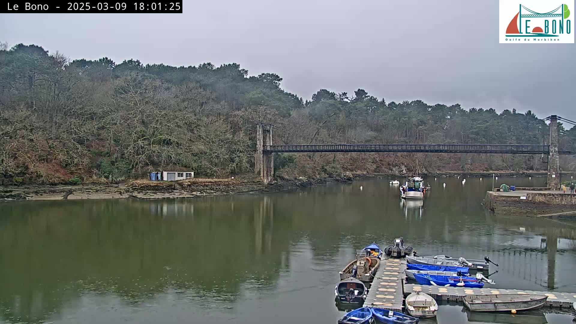 A suspension bridge spans a calm river with overcast skies,  boats moored at a dock in the foreground, and a wooded hillside in the background.