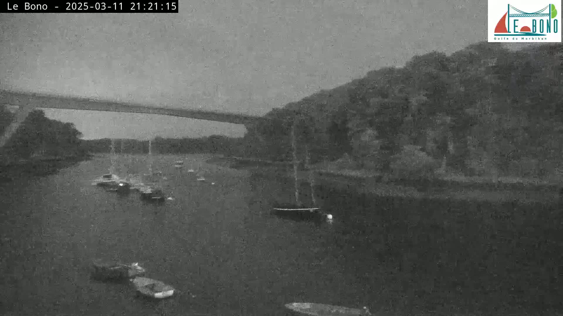 Several boats are moored in a dark, calm body of water under an overcast sky at night, with a bridge visible in the background.