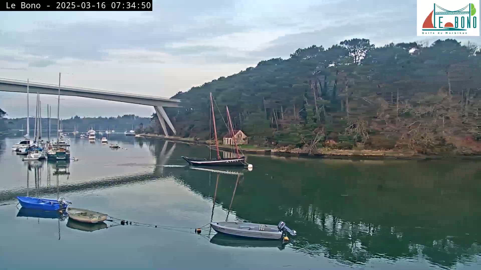 Several boats are moored in a calm, overcast waterway under a modern bridge, with a wooded hillside in the background.