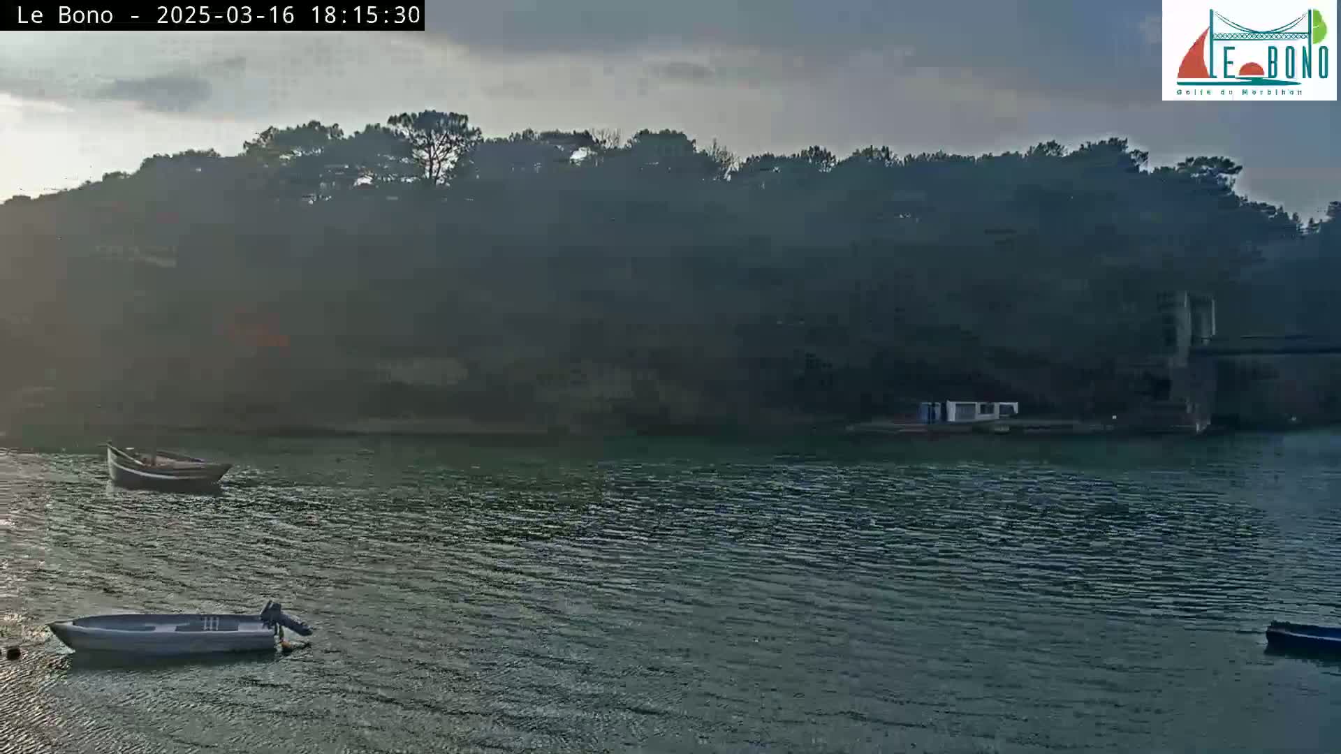 Two small boats are moored in calm, dark water in front of a wooded shoreline under an overcast sky.