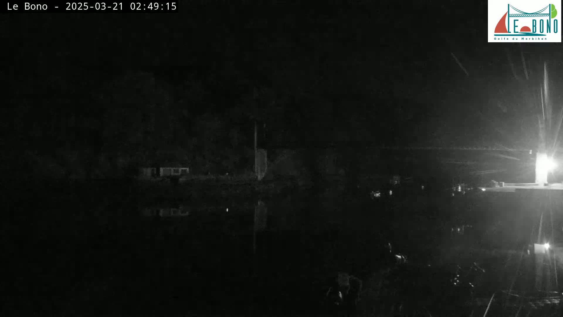 A nighttime, low-light view of a calm body of water reflecting the dark shoreline and sparse lights, with some light precipitation visible.