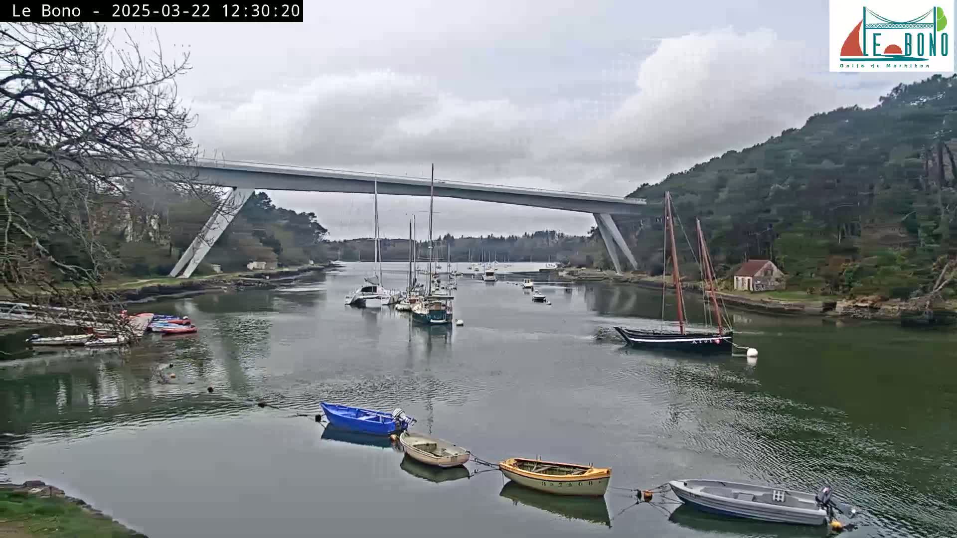 Several sailboats and motorboats are moored in a calm river under a cloudy sky, with a long bridge spanning the waterway in the background.