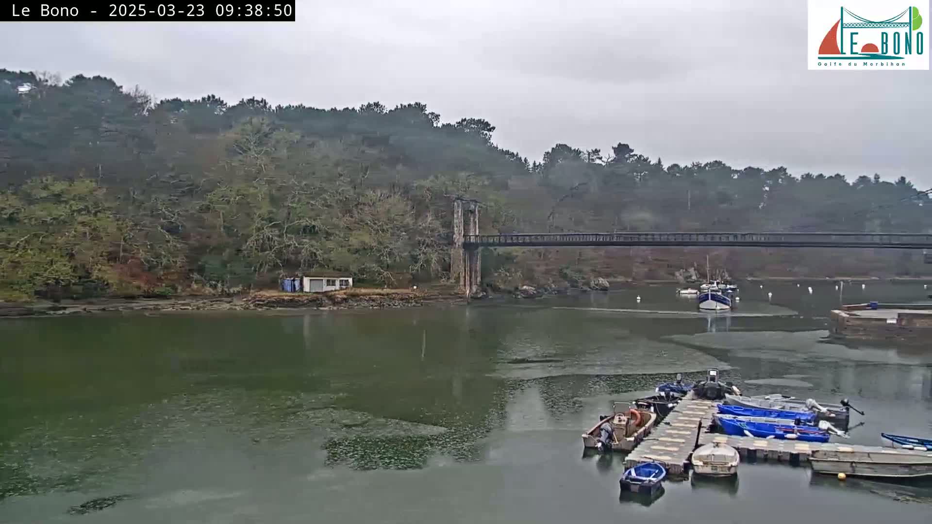 A suspension bridge spans a calm, green river with several small boats moored at a dock in the foreground, under an overcast sky.