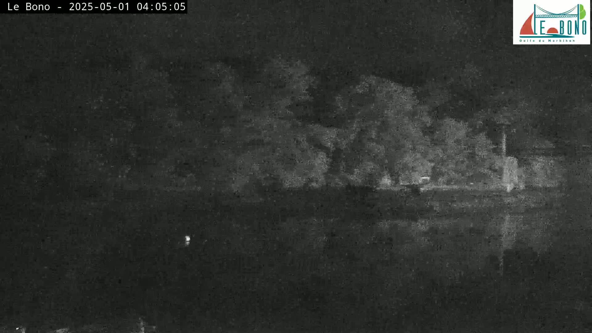 A nighttime, low-light image shows a dark body of water reflecting a shoreline with dark trees and vegetation.