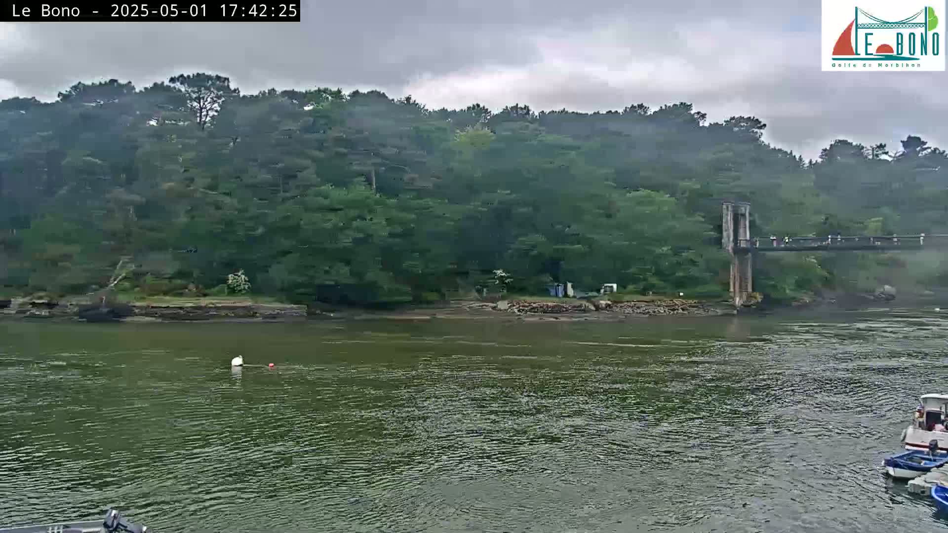 A calm river flows past a lush green shoreline with a footbridge and several small boats are moored nearby under an overcast sky.