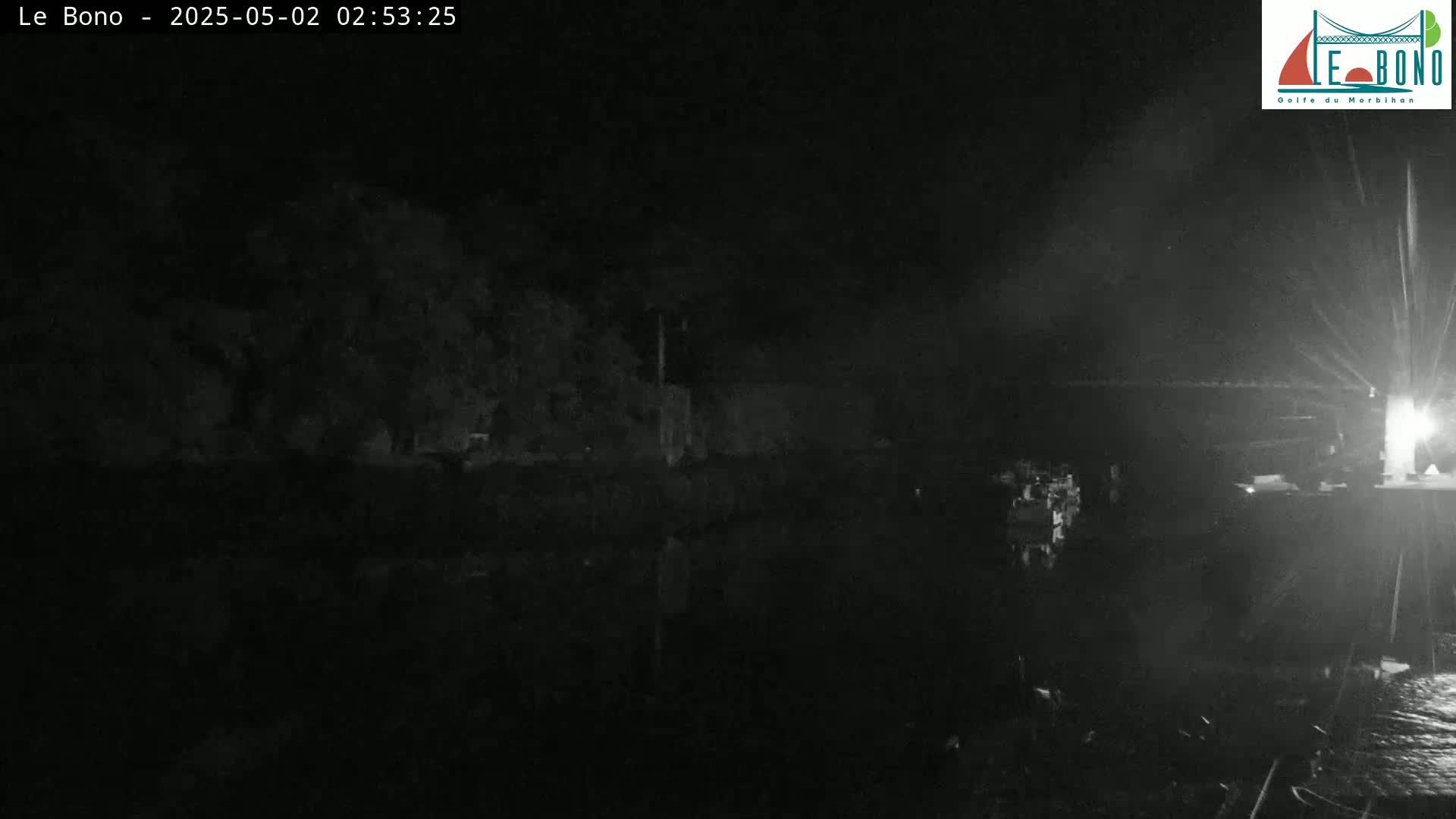 A nighttime, low-light image shows dark trees and water reflecting a dimly lit shoreline.