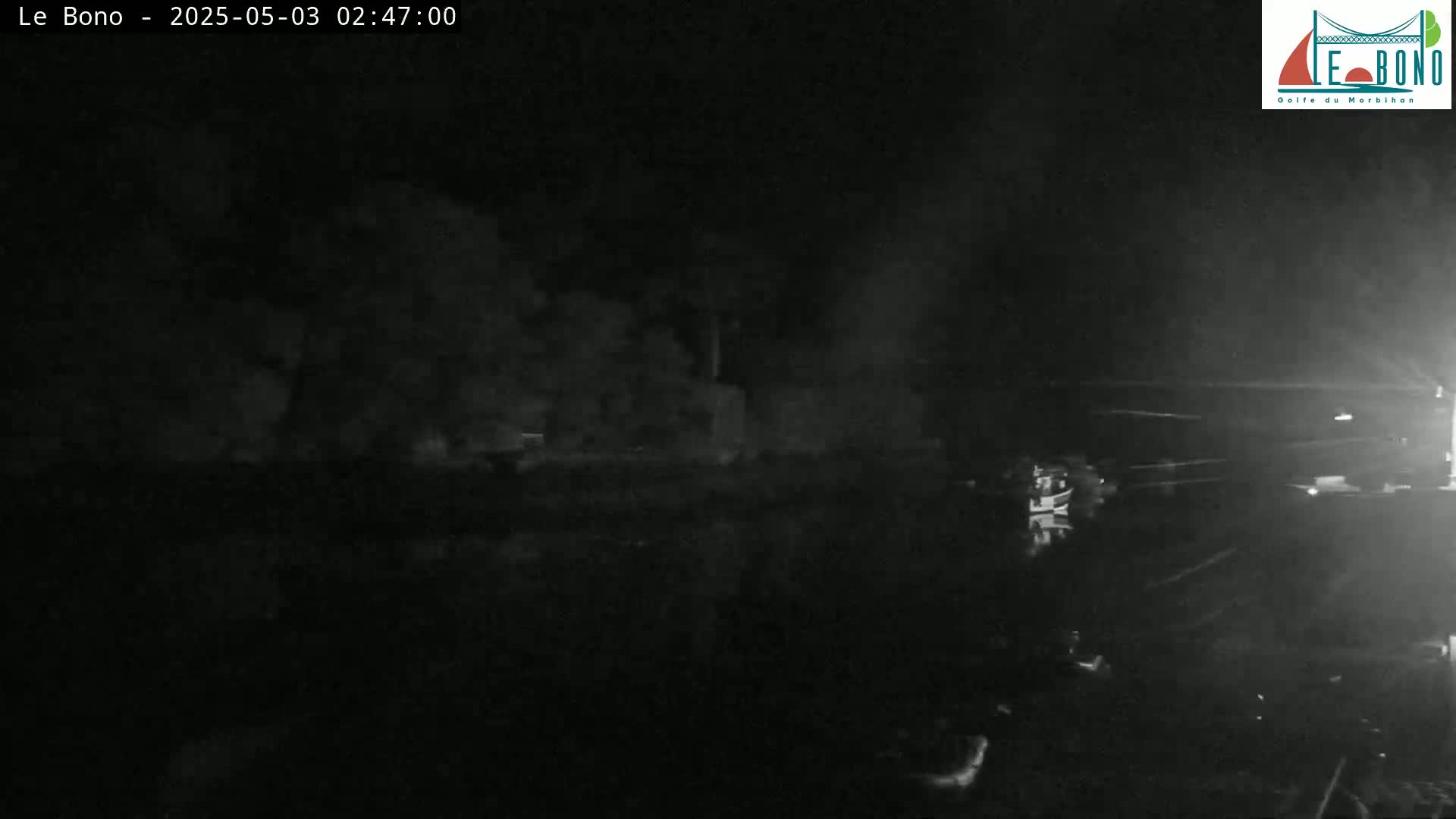 A dark, nighttime scene shows indistinct shapes of trees and land reflected in dark water.