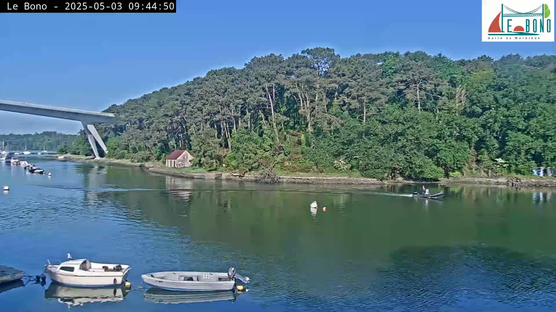 A calm, sunny day shows a river scene with several small boats, a bridge, and a forested shoreline.