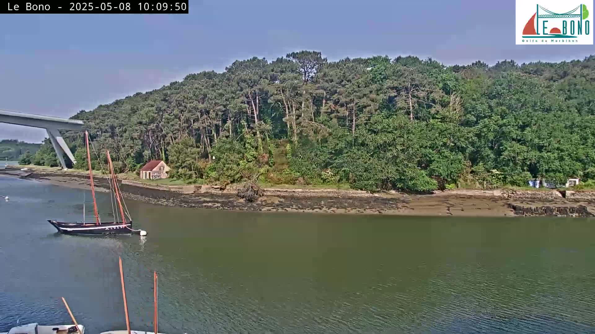 A sailboat is moored in calm water near a wooded shoreline with a small house, under a clear sky.