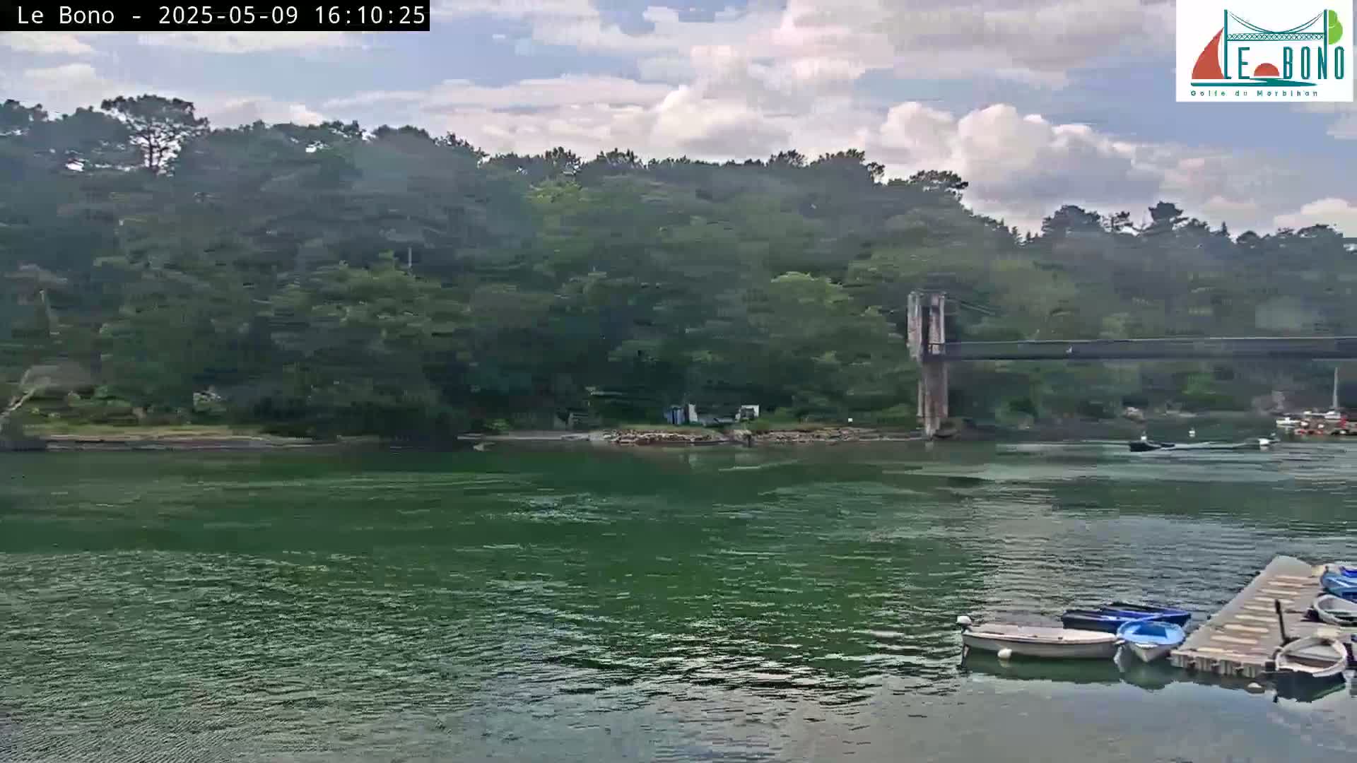 A suspension bridge spans a calm, dark green body of water, with a shoreline of lush green trees and several small boats moored at a dock under a partly cloudy sky.