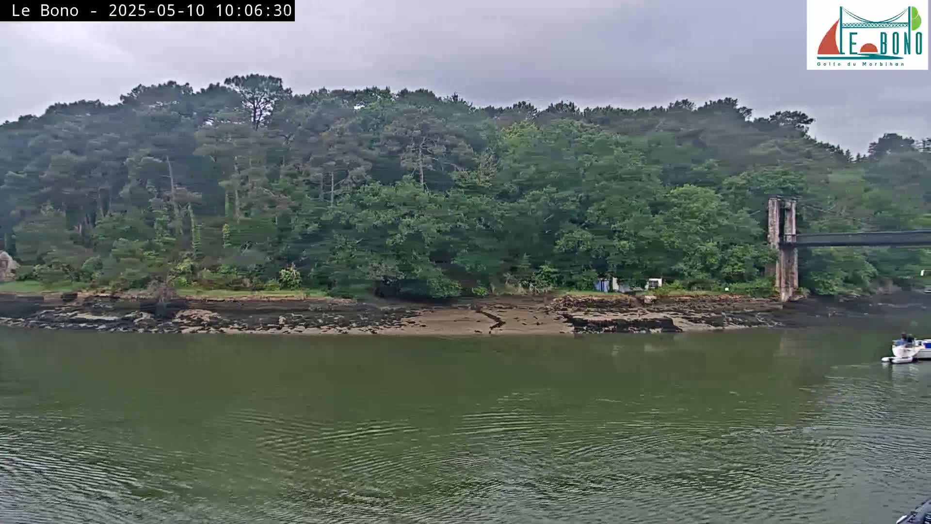 A verdant, tree-covered shoreline borders a calm, dark-green body of water under an overcast sky, with a small boat visible in the distance and a portion of a bridge structure on the right.