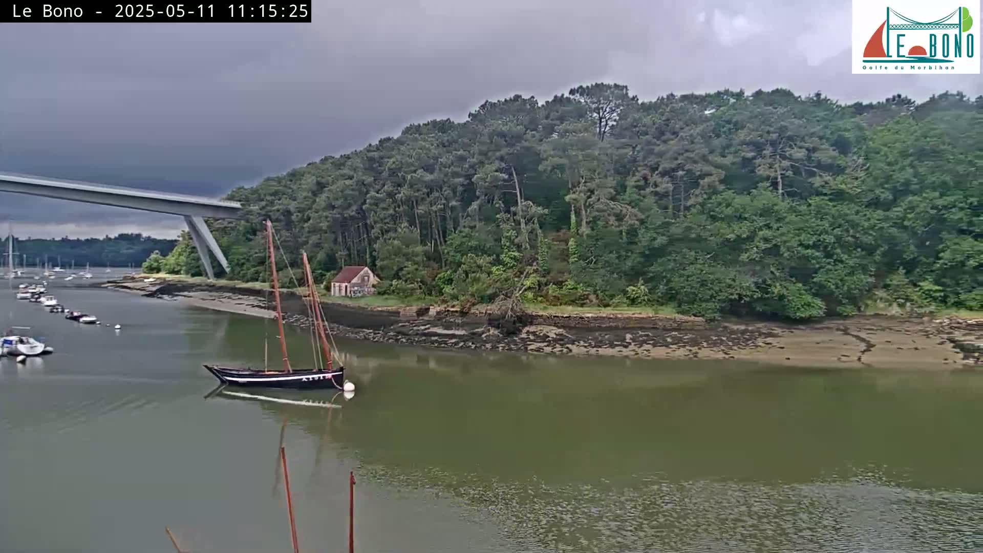 A sailboat is moored in calm, greenish water under an overcast sky, near a wooded shoreline and a bridge.