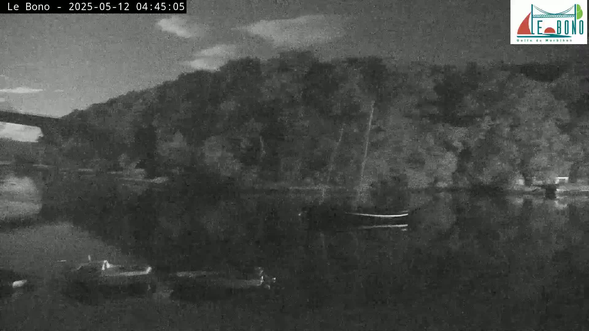 A nighttime, low-light view shows a dark body of water reflecting the shadowy outlines of trees and a bridge in the distance, with a few vehicles visible along the shore.