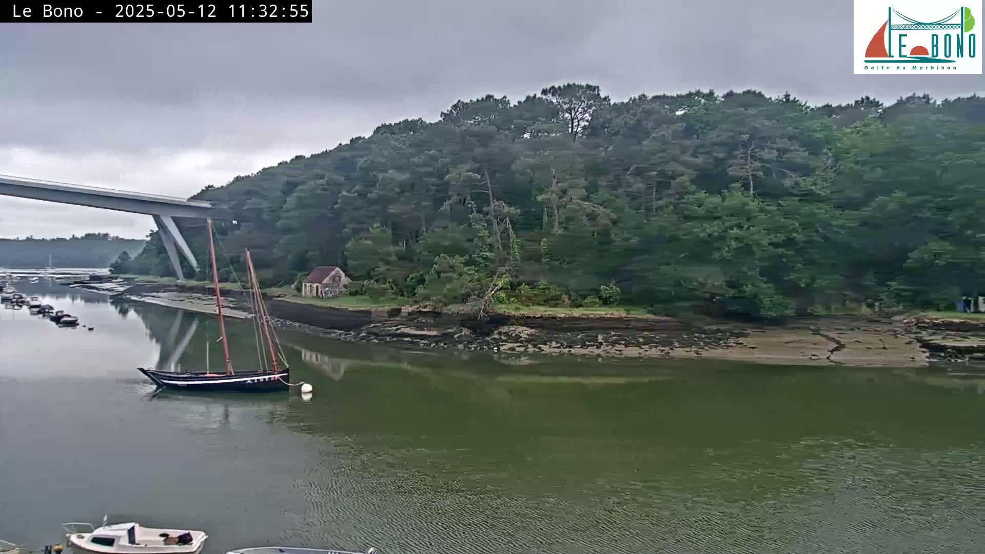A sailboat is moored in a calm river under an overcast sky, with a bridge partially visible and a lush green hillside in the background.
