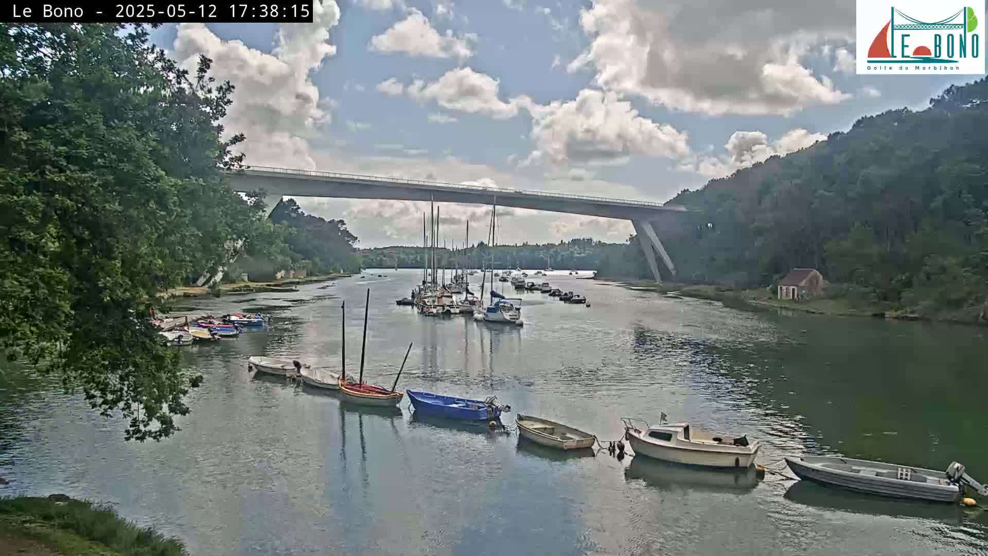 Under a partly cloudy sky, a river flows under a long bridge, with numerous sailboats and motorboats moored along its banks.
