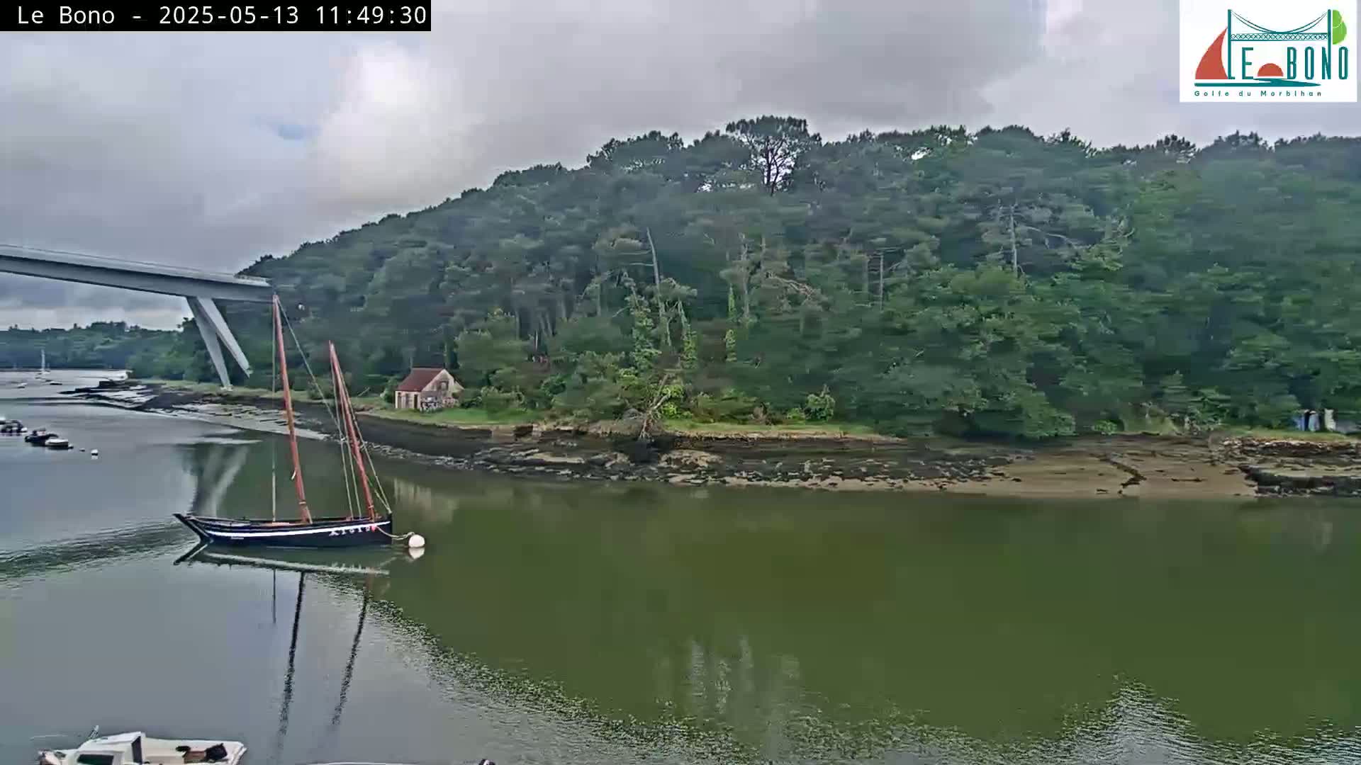 A sailboat is moored in calm, greenish water near a wooded shoreline, under a cloudy sky, with a bridge visible in the background.