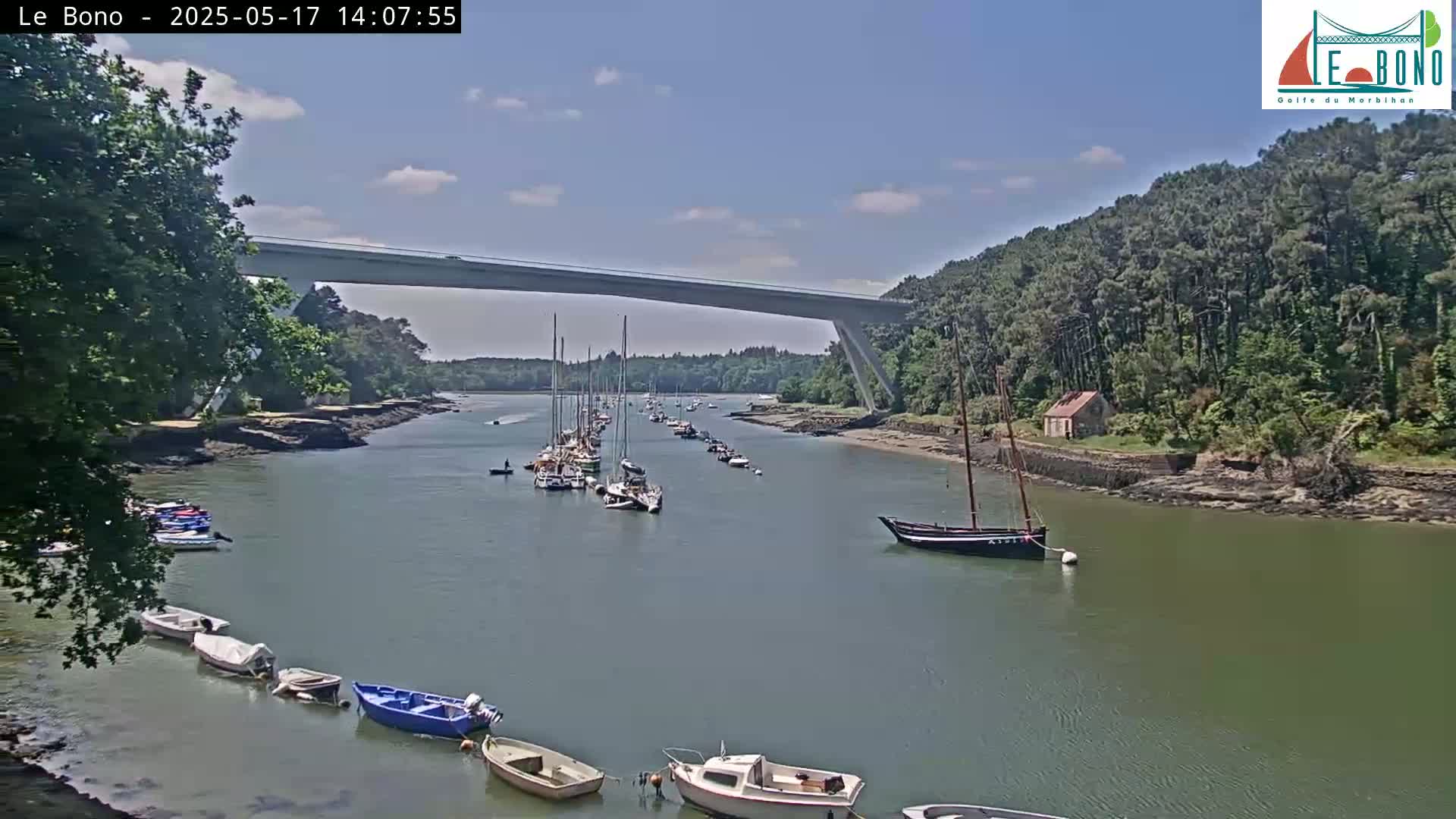 A calm river scene under a partly sunny sky shows numerous sailboats and motorboats moored along the banks, with a modern bridge spanning the waterway and a lush green shoreline.