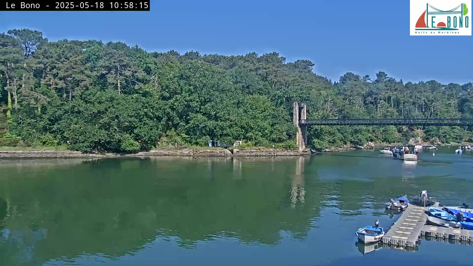 A calm body of water reflects a suspension bridge and lush green trees under a clear blue sky.