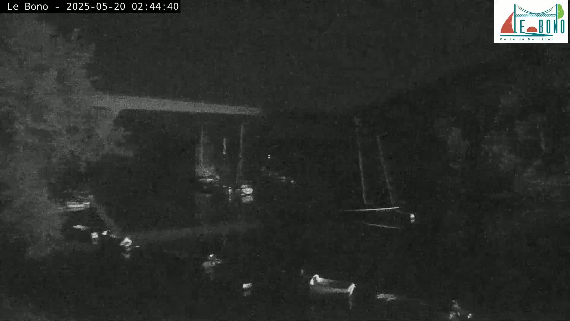 A nighttime, low-light view of a dark roadway and surrounding area with minimal vehicle traffic.